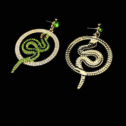 Green Snake Sparkling Gold Hoop Earrings with Ruby Red Eyes | Serpent Dangle Statement Jewelry | Gothic Festival Earrings
