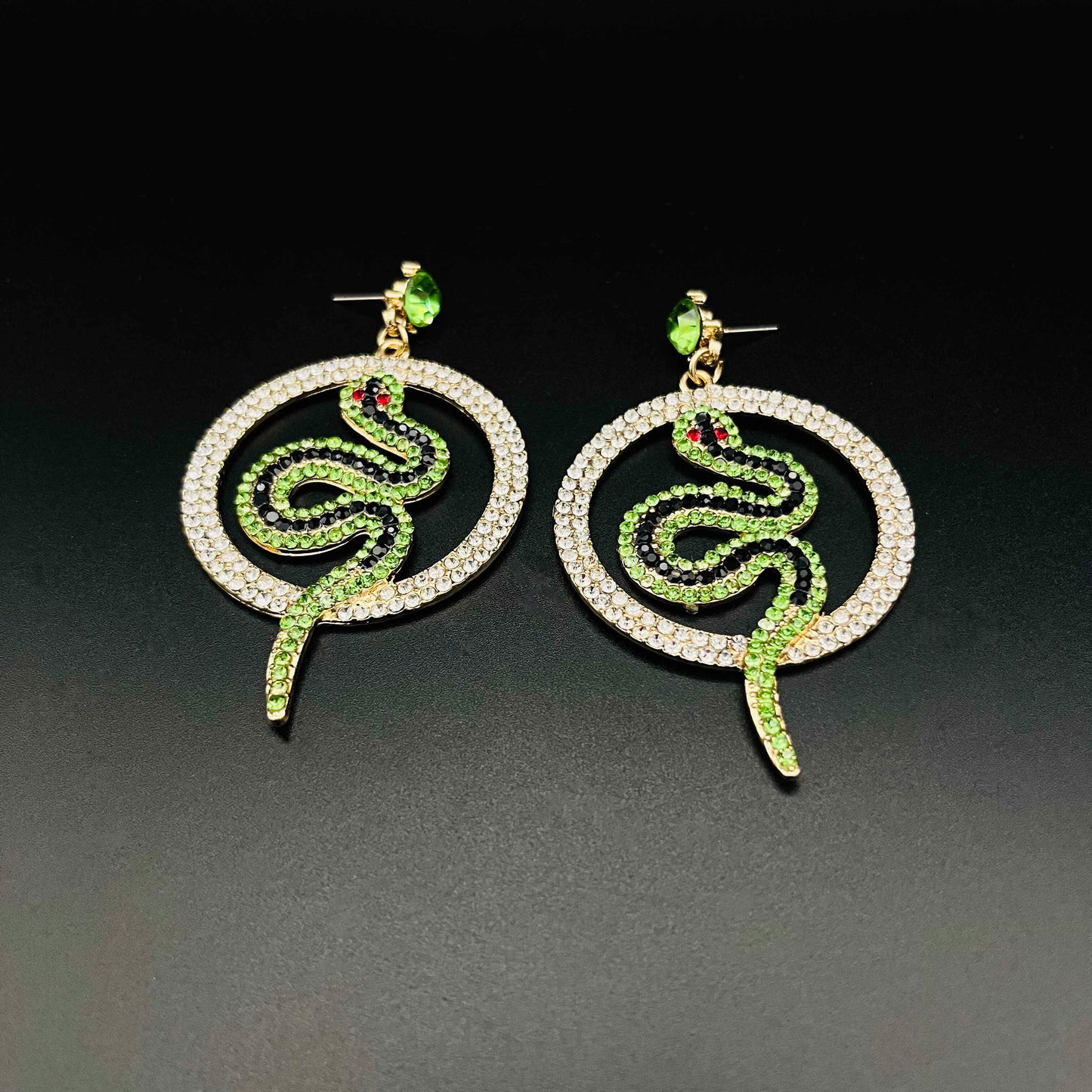 Green Snake Sparkling Gold Hoop Earrings with Ruby Red Eyes | Serpent Dangle Statement Jewelry | Gothic Festival Earrings