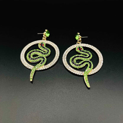 Green Snake Sparkling Gold Hoop Earrings with Ruby Red Eyes | Serpent Dangle Statement Jewelry | Gothic Festival Earrings