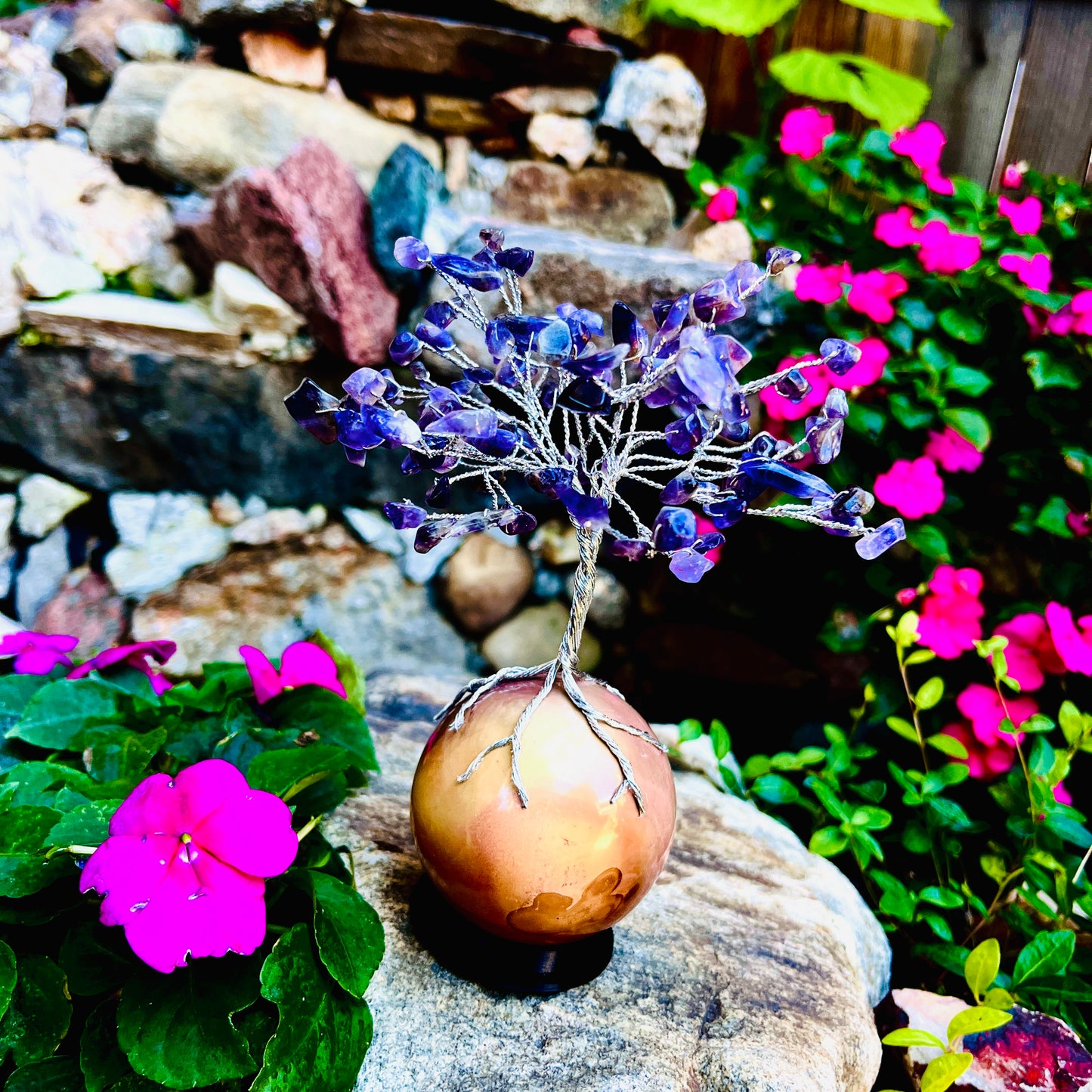 Handmade Amethyst Gem Tree on Polychrome Jasper Life Rock | Unique Gemstone Sculpture, Healing Crystal Home Décor