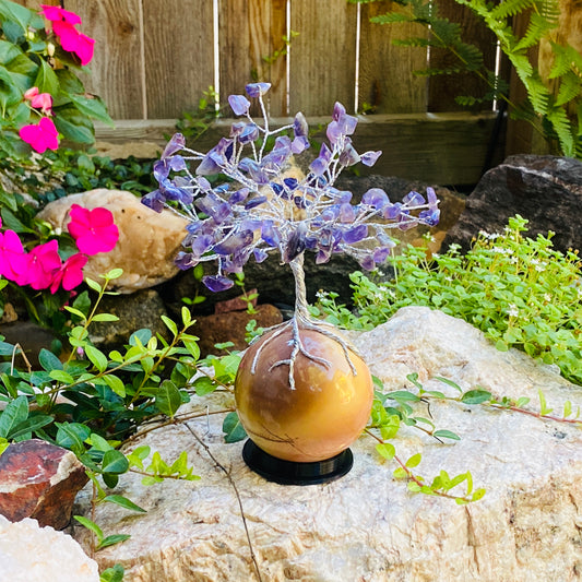 Handmade Amethyst Gem Tree on Polychrome Jasper Life Rock | Unique Gemstone Sculpture, Healing Crystal Home Décor