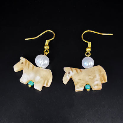 Hand-Carved Natural Bone Horse & Pearl Dangle Earrings – Equestrian Statement Jewelry
