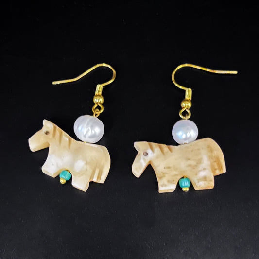 Hand-Carved Natural Bone Horse & Pearl Dangle Earrings – Equestrian Statement Jewelry