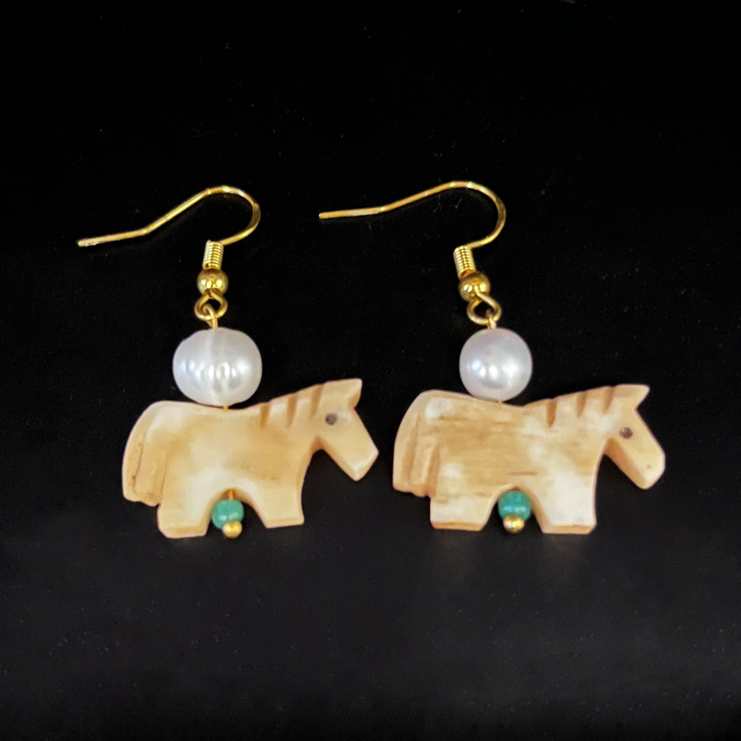 Hand-Carved Natural Bone Horse & Pearl Dangle Earrings – Equestrian Statement Jewelry