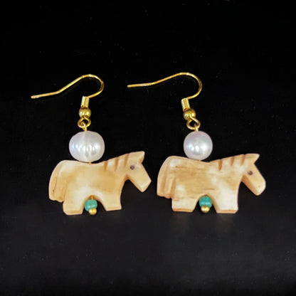 Hand-Carved Natural Bone Horse & Pearl Dangle Earrings – Equestrian Statement Jewelry