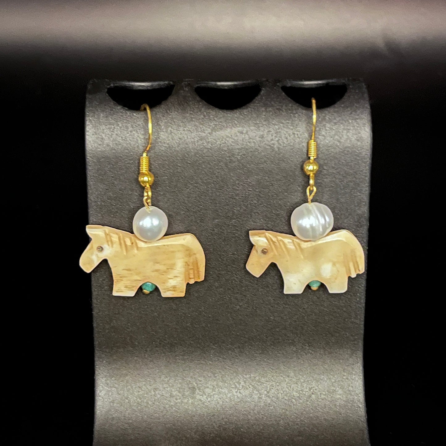 Hand-Carved Natural Bone Horse & Pearl Dangle Earrings – Equestrian Statement Jewelry
