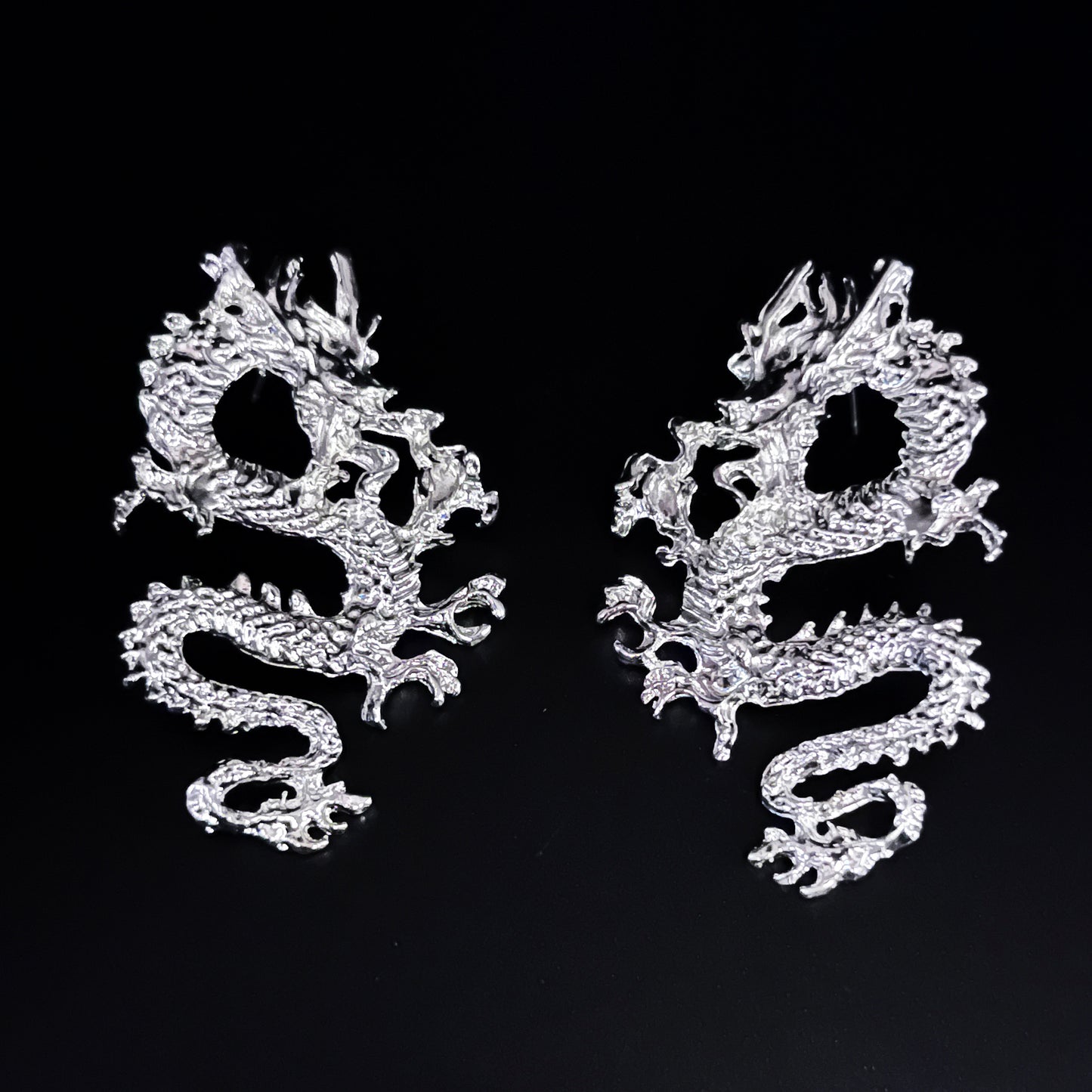 Silver Gothic Lucky Dragon Dangle Earrings - Funky Basilisk Statement Jewelry