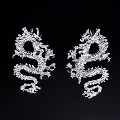 Silver Gothic Lucky Dragon Dangle Earrings - Funky Basilisk Statement Jewelry