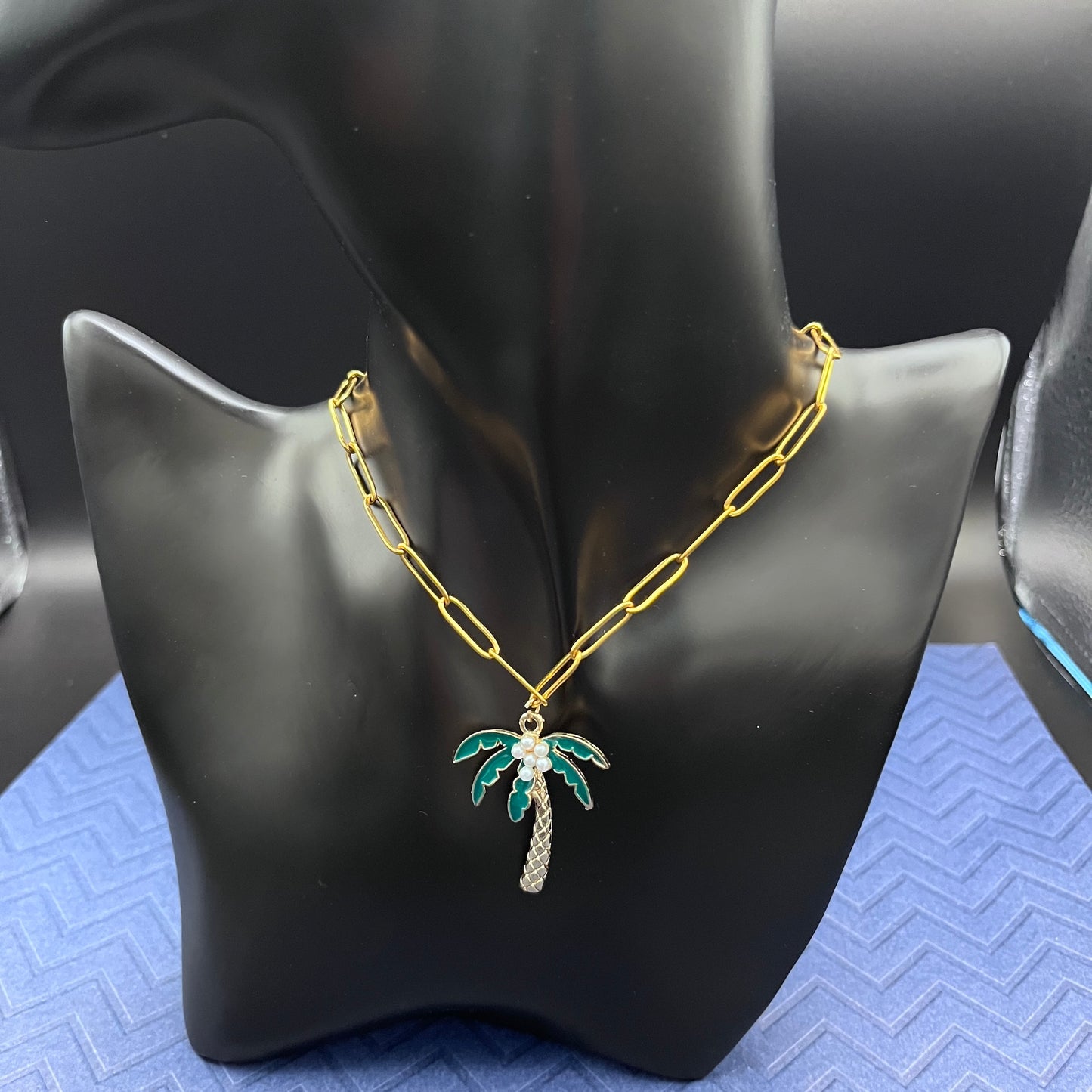 Gold-Plated Palm Tree & Pearl Coconut Choker Necklace –Summer Tropical Jewelry