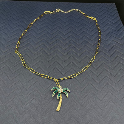 Gold-Plated Palm Tree & Pearl Coconut Choker Necklace –Summer Tropical Jewelry