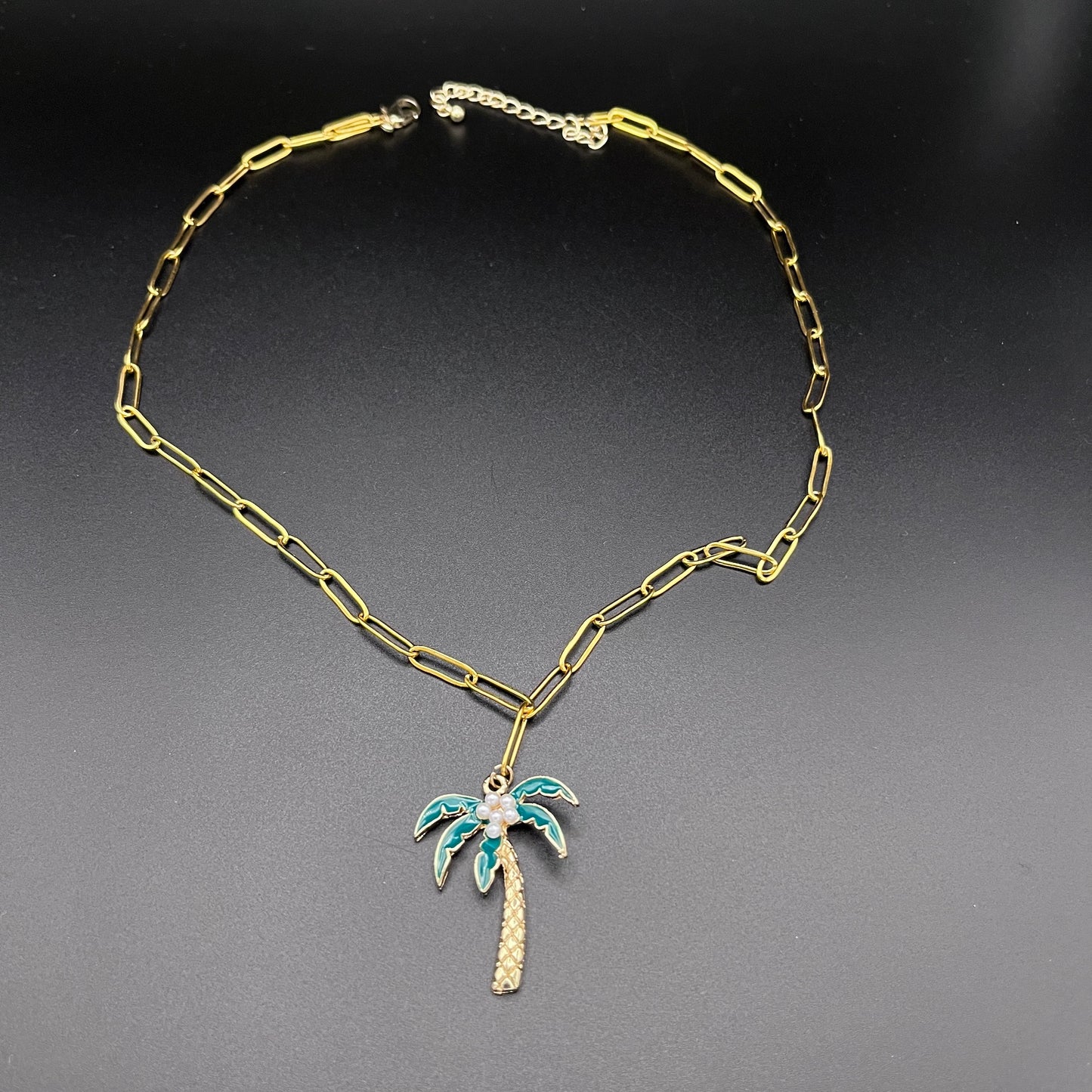 Gold-Plated Palm Tree & Pearl Coconut Choker Necklace –Summer Tropical Jewelry