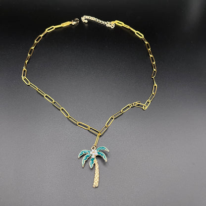 Gold-Plated Palm Tree & Pearl Coconut Choker Necklace –Summer Tropical Jewelry