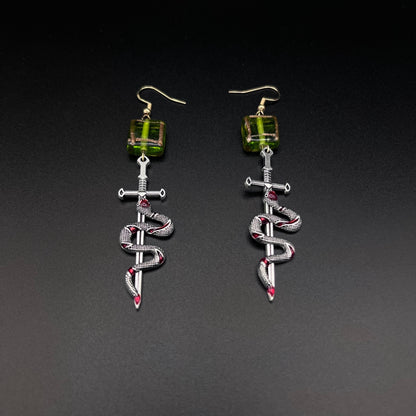 Silver Snake Sword Dangle Earrings – Green Glass Cube Beads, Gothic Fantasy Statement Jewelry