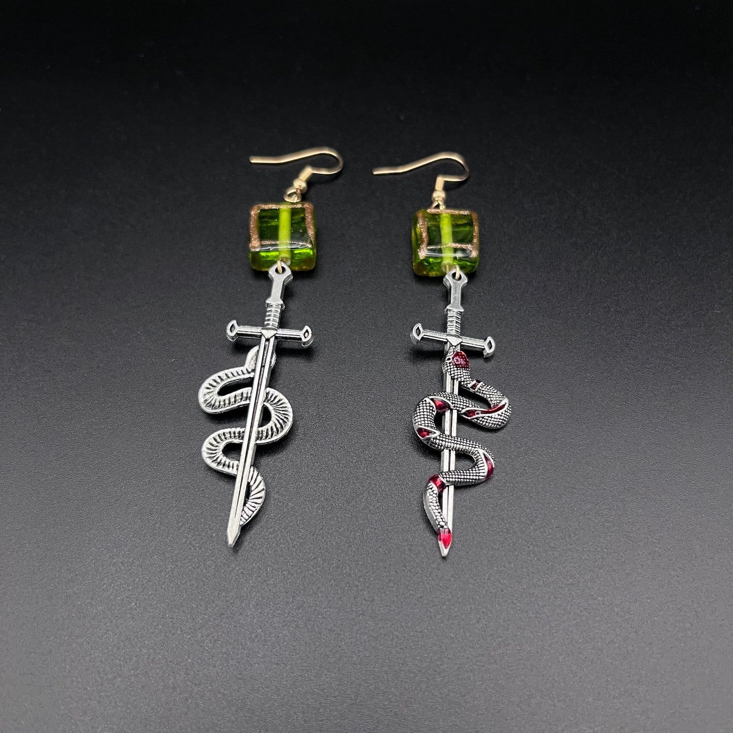Silver Snake Sword Dangle Earrings – Green Glass Cube Beads, Gothic Fantasy Statement Jewelry