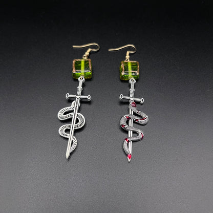 Silver Snake Sword Dangle Earrings – Green Glass Cube Beads, Gothic Fantasy Statement Jewelry