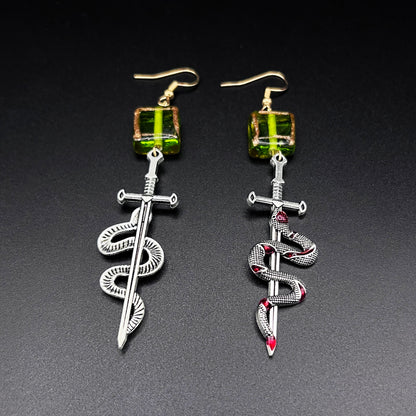 Silver Snake Sword Dangle Earrings – Green Glass Cube Beads, Gothic Fantasy Statement Jewelry