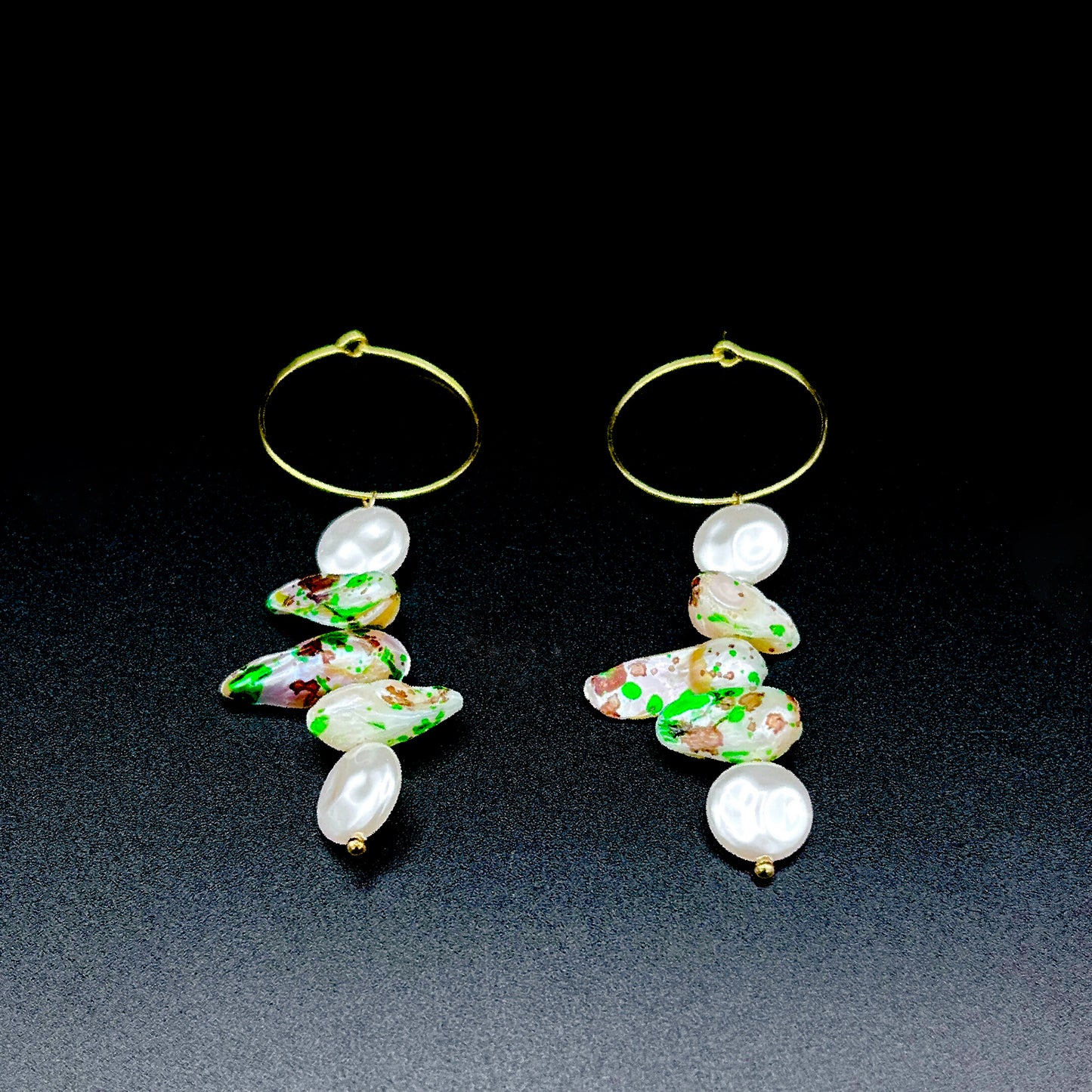 Gold Hoop Earrings with Freshwater Pearls & Speckled Shell Beads – Coastal Statement Dangle Earrings