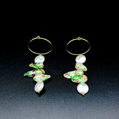 Gold Hoop Earrings with Freshwater Pearls & Speckled Shell Beads – Coastal Statement Dangle Earrings