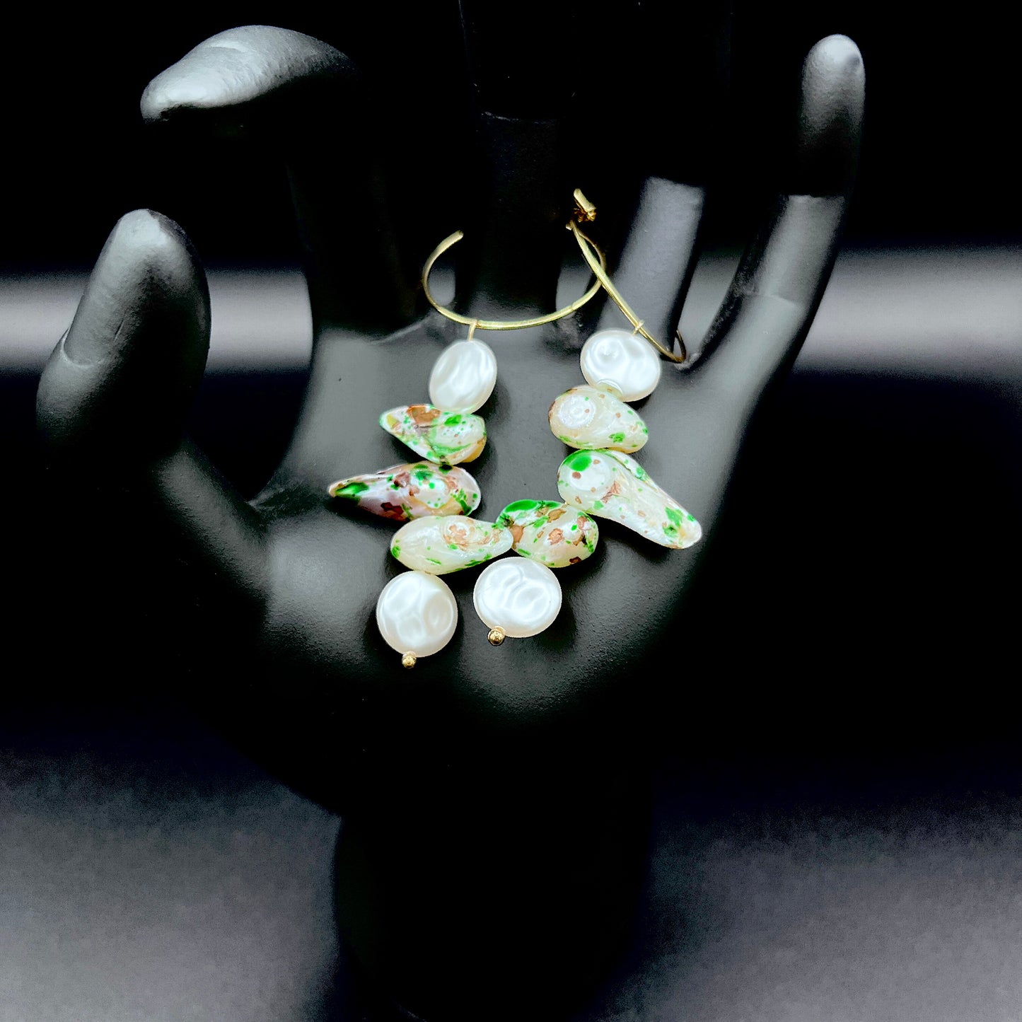 Gold Hoop Earrings with Freshwater Pearls & Speckled Shell Beads – Coastal Statement Dangle Earrings