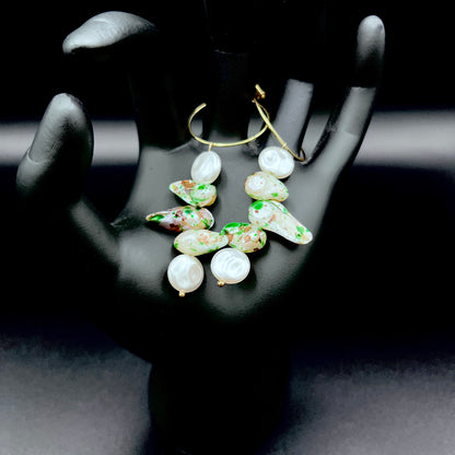 Gold Hoop Earrings with Freshwater Pearls & Speckled Shell Beads – Coastal Statement Dangle Earrings