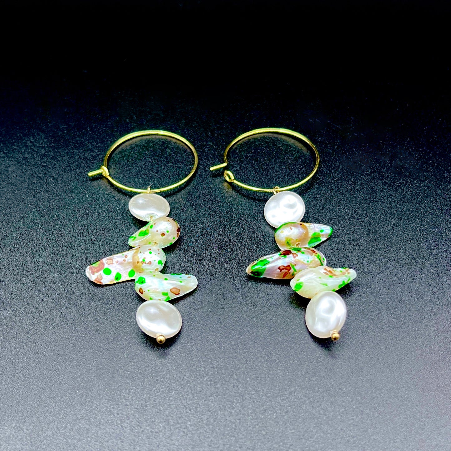 Gold Hoop Earrings with Freshwater Pearls & Speckled Shell Beads – Coastal Statement Dangle Earrings