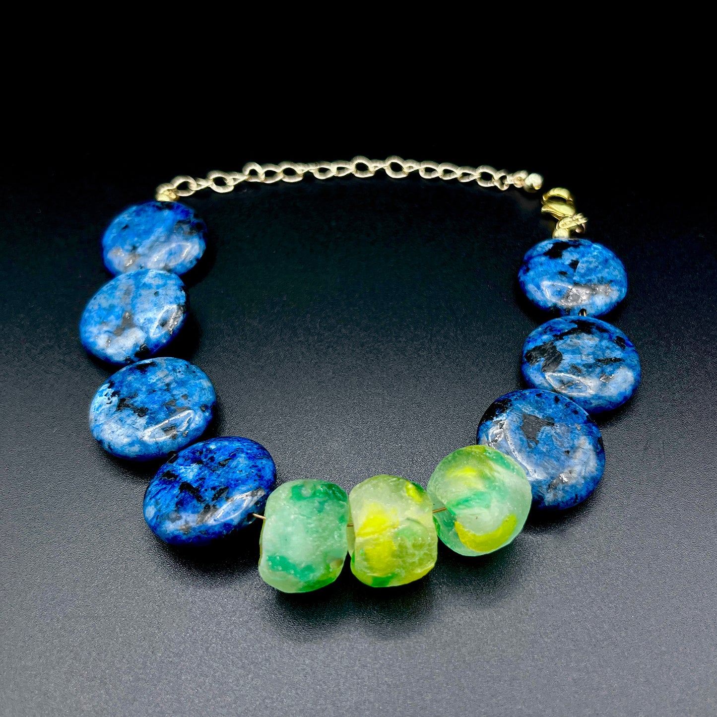 Blue Jasper & Frosted African Green Bead Bracelet – Handmade Statement Gemstone Jewelry
