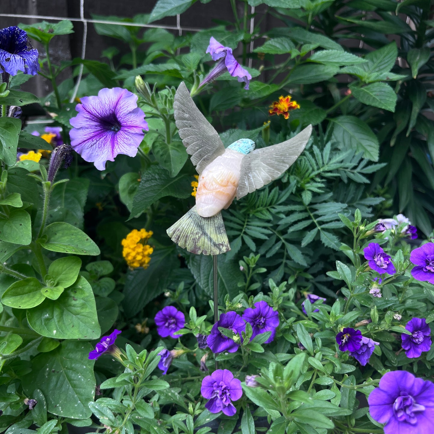 Hand-Carved Gemstone Hummingbird Garden Stake – Natural Stone Bird Garden Decor