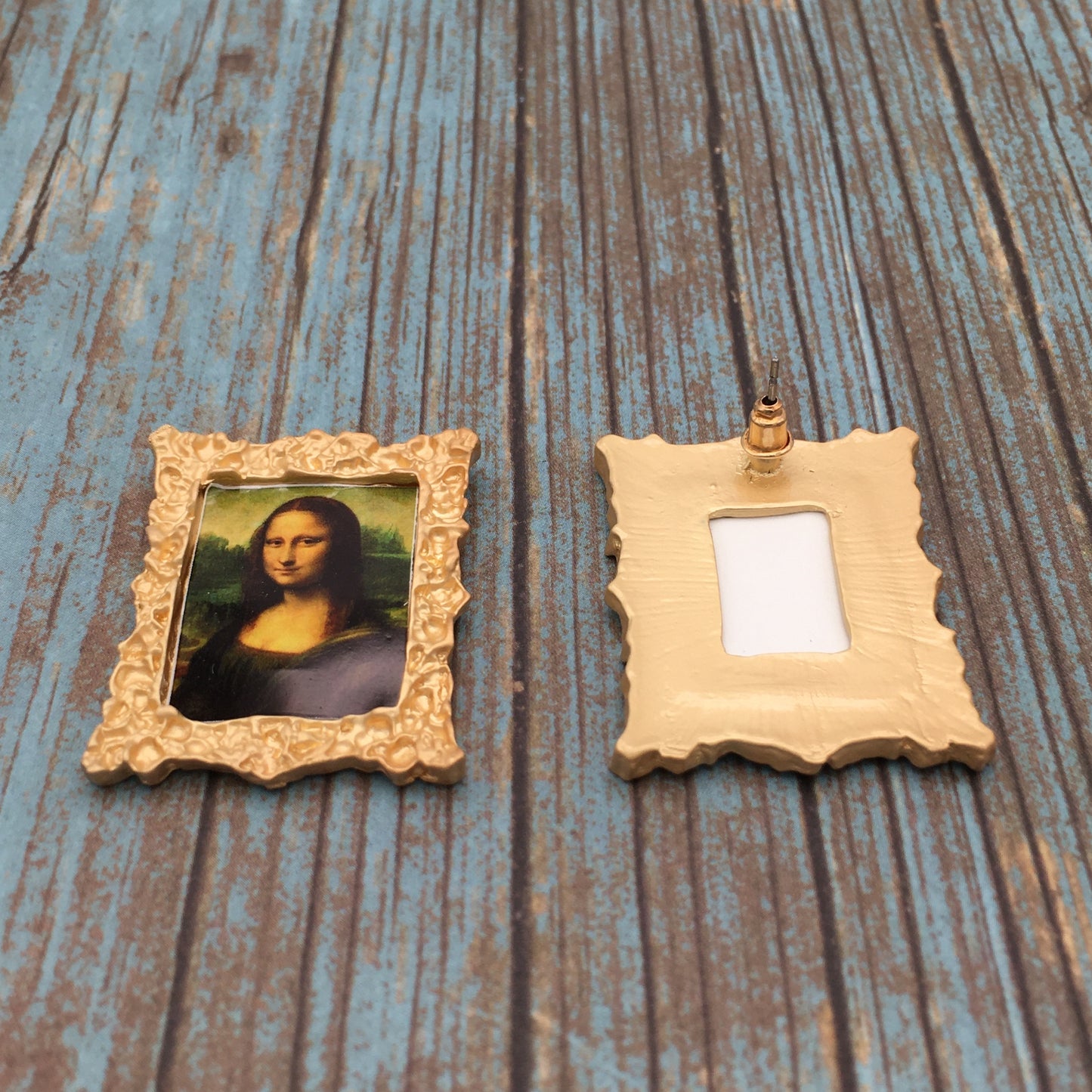 Golden-framed Mona Lisa Oil Painting Earrings - Da Vinci Portrait Jewelry, Renaissance Baroque Victorian Earrings, Gift for Art Lovers