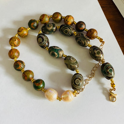 Artisan Pearl & Gemstone Necklace – Handmade with Green Agate and Tibetan Dzi Beads, Natural Stone Boho Necklace