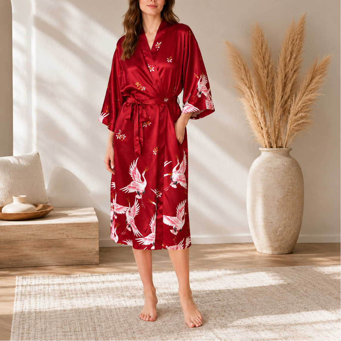 A woman stands barefoot in a sunlit room wearing a red satin-like robe with white crane prints and small floral motifs. The robe has wide sleeves, a V-neck, and a self-tie belt.