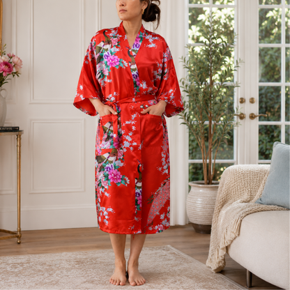 A woman stands barefoot in a bright, elegant room wearing a red satin kimono-style robe with a colorful floral print and a matching tie belt.