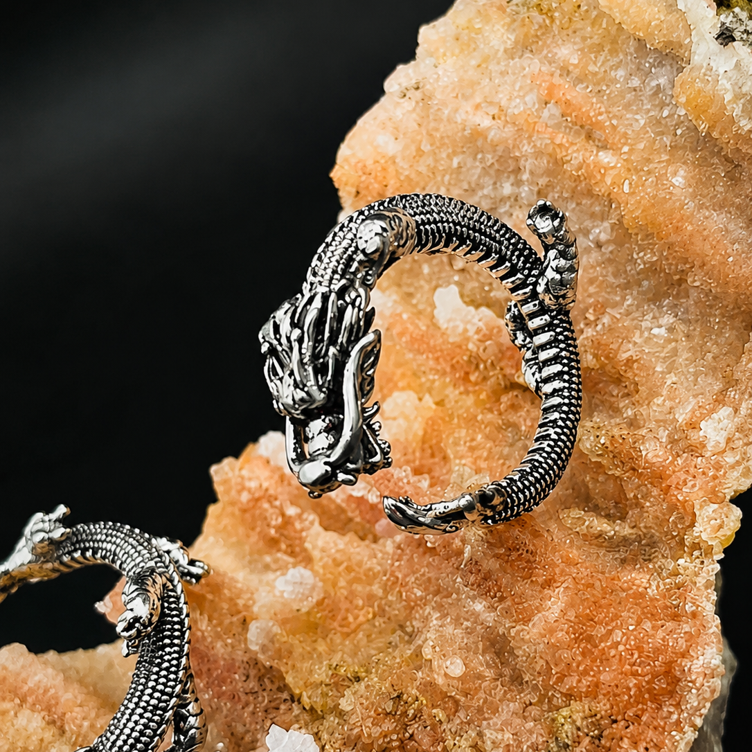 A pair of silver-toned dragon hoop earrings displayed on a textured orange crystal cluster against a dark background.