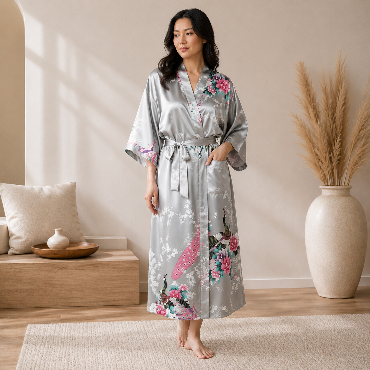 A woman stands barefoot in a softly lit room wearing a satin-like gray robe with pink floral and bird motifs. The robe has wide three-quarter sleeves, a self-tie waist belt, and a shawl collar.