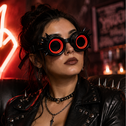 A woman wearing black spiked round goggles with glowing red lenses, styled with a black leather jacket and layered necklaces, seated in a dimly lit room with neon lights in the background.