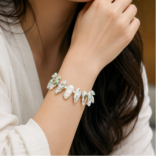 Speckled Shell & Freshwater Pearl Bracelet - Coastal Boho Statement Jewelry