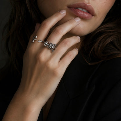 Adjustable Silver Dragon Ring with Red Crystal Eye
