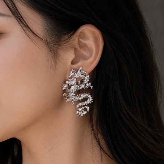 Silver Gothic Lucky Dragon Dangle Earrings - Funky Basilisk Statement Jewelry