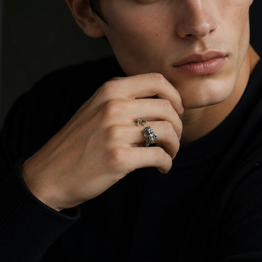 Adjustable Silver Dragon Ring with Red Crystal Eye