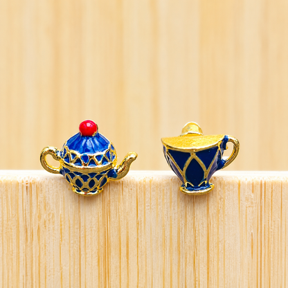 Blue Teapot & Teacup Stud Earrings – Gold-Tone Whimsical Tea Lover Jewelry