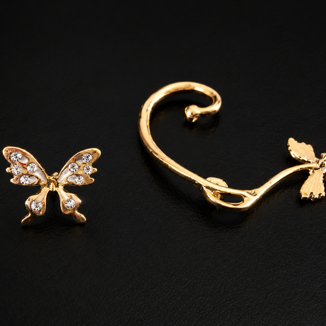Gold Crystal Butterfly Ear Cuff & Stud Earring Set - Nature-Inspired Boho Jewelry