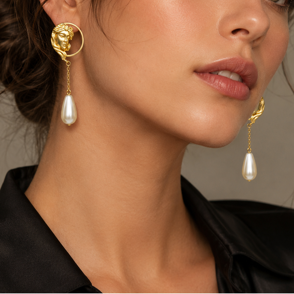 A close-up of a woman wearing a pair of gold drop earrings with a circular medallion design and a teardrop-shaped white pearl dangle, paired with a black satin shirt against a neutral gray background.