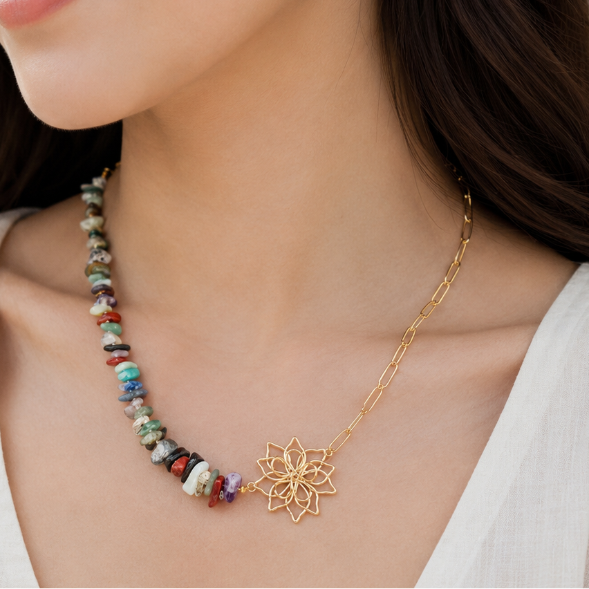 Gold Wire Flower Pendant Necklace with Multicolor Gemstones – Gold-Plated Boho Jewelry
