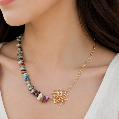 Gold Wire Flower Pendant Necklace with Multicolor Gemstones – Gold-Plated Boho Jewelry