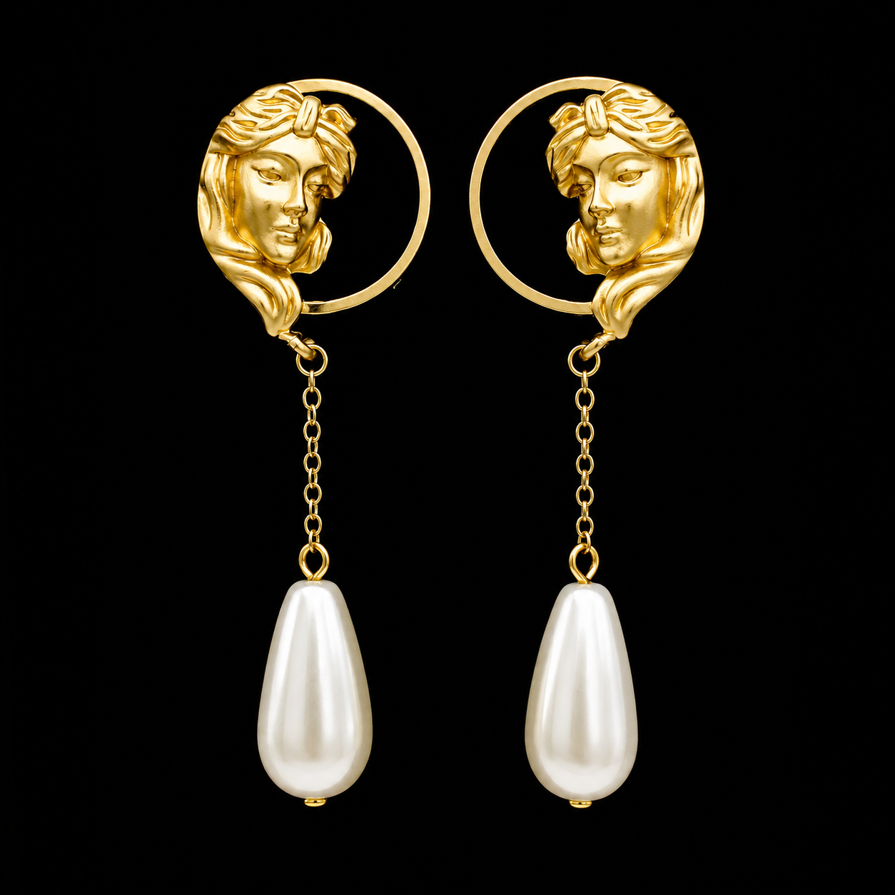 A pair of gold drop earrings featuring a circular medallion with a classical female face profile, connected by a delicate chain to a large teardrop-shaped white pearl, set against a solid black background.