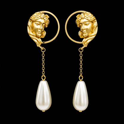 A pair of gold drop earrings featuring a circular medallion with a classical female face profile, connected by a delicate chain to a large teardrop-shaped white pearl, set against a solid black background.
