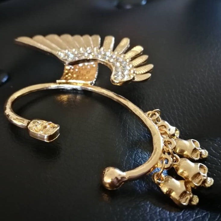 Golden Native American Skull Feather Ear Cuff: Skulls and Diamonds Statement Ear Cuff for Left Ear, No Piercing Needed