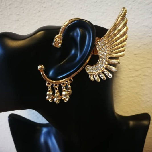 Golden Native American Skull Feather Ear Cuff: Skulls and Diamonds Statement Ear Cuff for Left Ear, No Piercing Needed