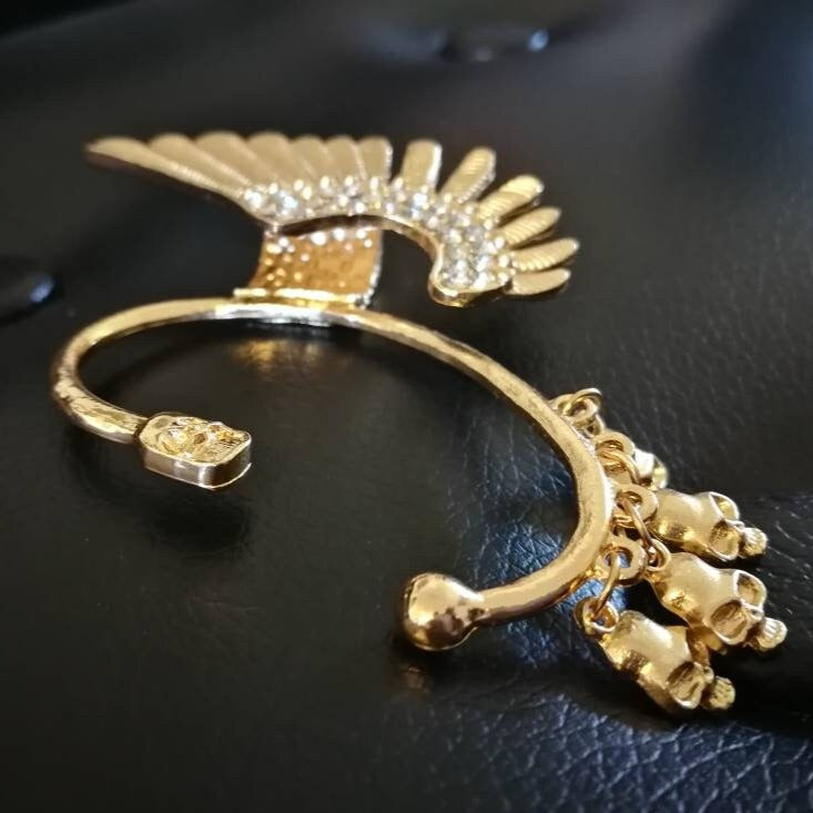 Golden Native American Skull Feather Ear Cuff: Skulls and Diamonds Statement Ear Cuff for Left Ear, No Piercing Needed