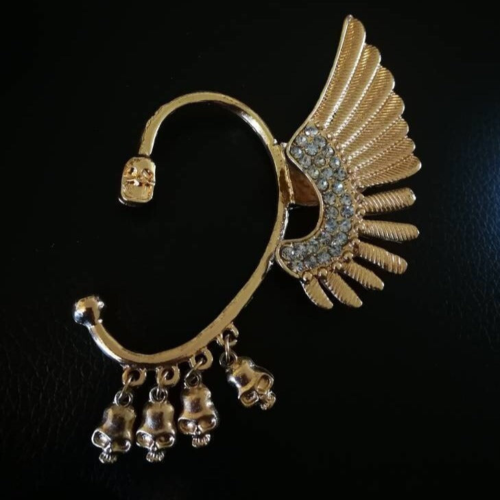 Golden Native American Skull Feather Ear Cuff: Skulls and Diamonds Statement Ear Cuff for Left Ear, No Piercing Needed