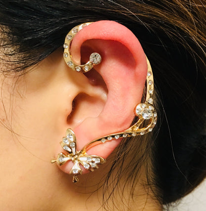 14K Gold-Toned Crystallized Butterfly Ear Cuff & Stud Earring Set | Nature-Inspired Boho Chic Statement Jewelry